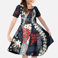 Hawaii Puakenikeni and Maile Lei Family Matching Off Shoulder Maxi Dress and Hawaiian Shirt Navy Blue Japanese Wave Style LT9 Daughter's Dress Navy Blue - Polynesian Pride