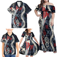 Hawaii Puakenikeni and Maile Lei Family Matching Off Shoulder Maxi Dress and Hawaiian Shirt Navy Blue Japanese Wave Style LT9 - Polynesian Pride