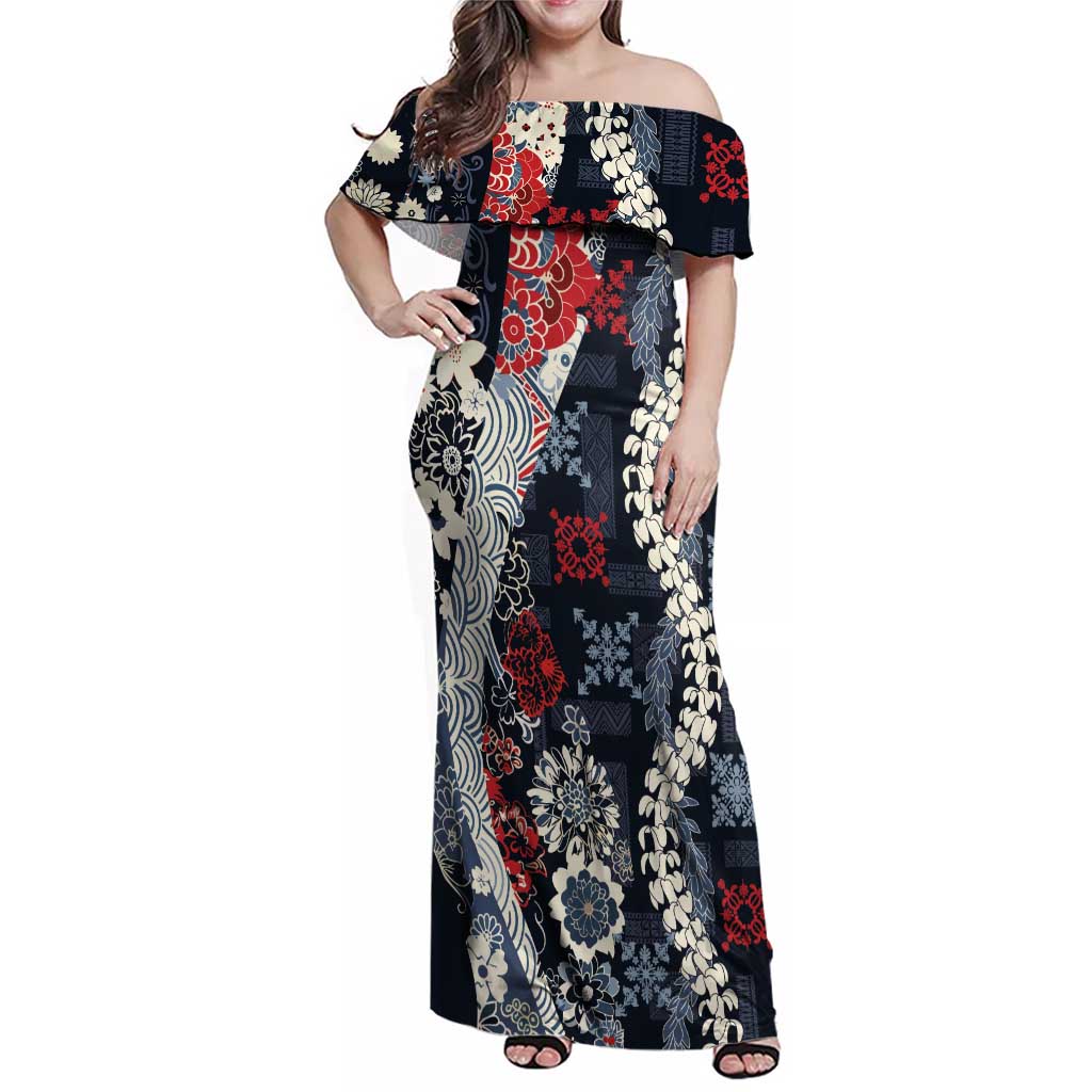 Hawaii Puakenikeni and Maile Lei Family Matching Off Shoulder Maxi Dress and Hawaiian Shirt Navy Blue Japanese Wave Style LT9 Mom's Dress Navy Blue - Polynesian Pride