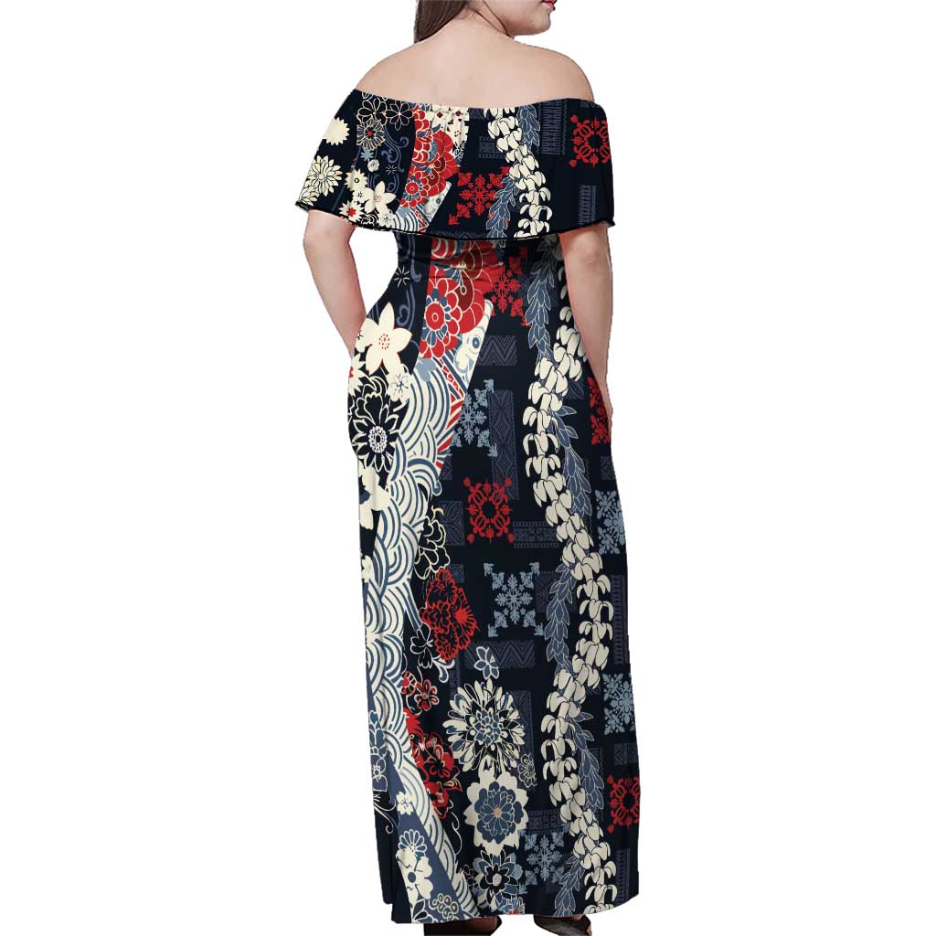Hawaii Puakenikeni and Maile Lei Family Matching Off Shoulder Maxi Dress and Hawaiian Shirt Navy Blue Japanese Wave Style LT9 - Polynesian Pride