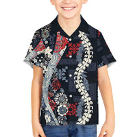 Hawaii Puakenikeni and Maile Lei Family Matching Off Shoulder Maxi Dress and Hawaiian Shirt Navy Blue Japanese Wave Style LT9 Son's Shirt Navy Blue - Polynesian Pride