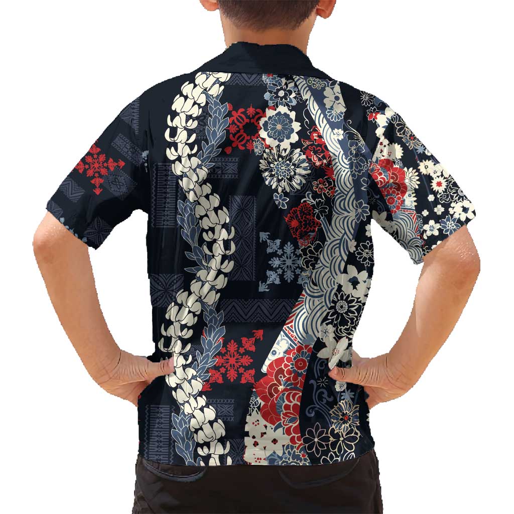 Hawaii Puakenikeni and Maile Lei Family Matching Off Shoulder Short Dress and Hawaiian Shirt Navy Blue Japanese Wave Style LT9 - Polynesian Pride