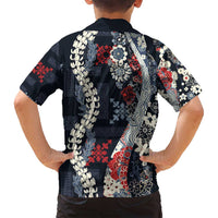Hawaii Puakenikeni and Maile Lei Family Matching Off Shoulder Short Dress and Hawaiian Shirt Navy Blue Japanese Wave Style LT9 - Polynesian Pride