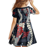 Hawaii Puakenikeni and Maile Lei Family Matching Off Shoulder Short Dress and Hawaiian Shirt Navy Blue Japanese Wave Style LT9 - Polynesian Pride