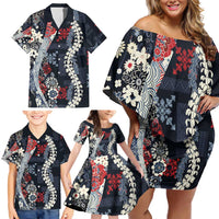 Hawaii Puakenikeni and Maile Lei Family Matching Off Shoulder Short Dress and Hawaiian Shirt Navy Blue Japanese Wave Style LT9 - Polynesian Pride
