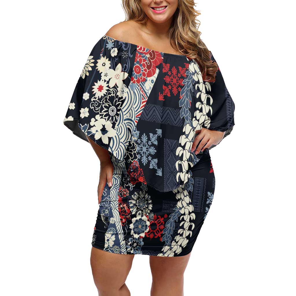 Hawaii Puakenikeni and Maile Lei Family Matching Off Shoulder Short Dress and Hawaiian Shirt Navy Blue Japanese Wave Style LT9 Mom's Dress Navy Blue - Polynesian Pride