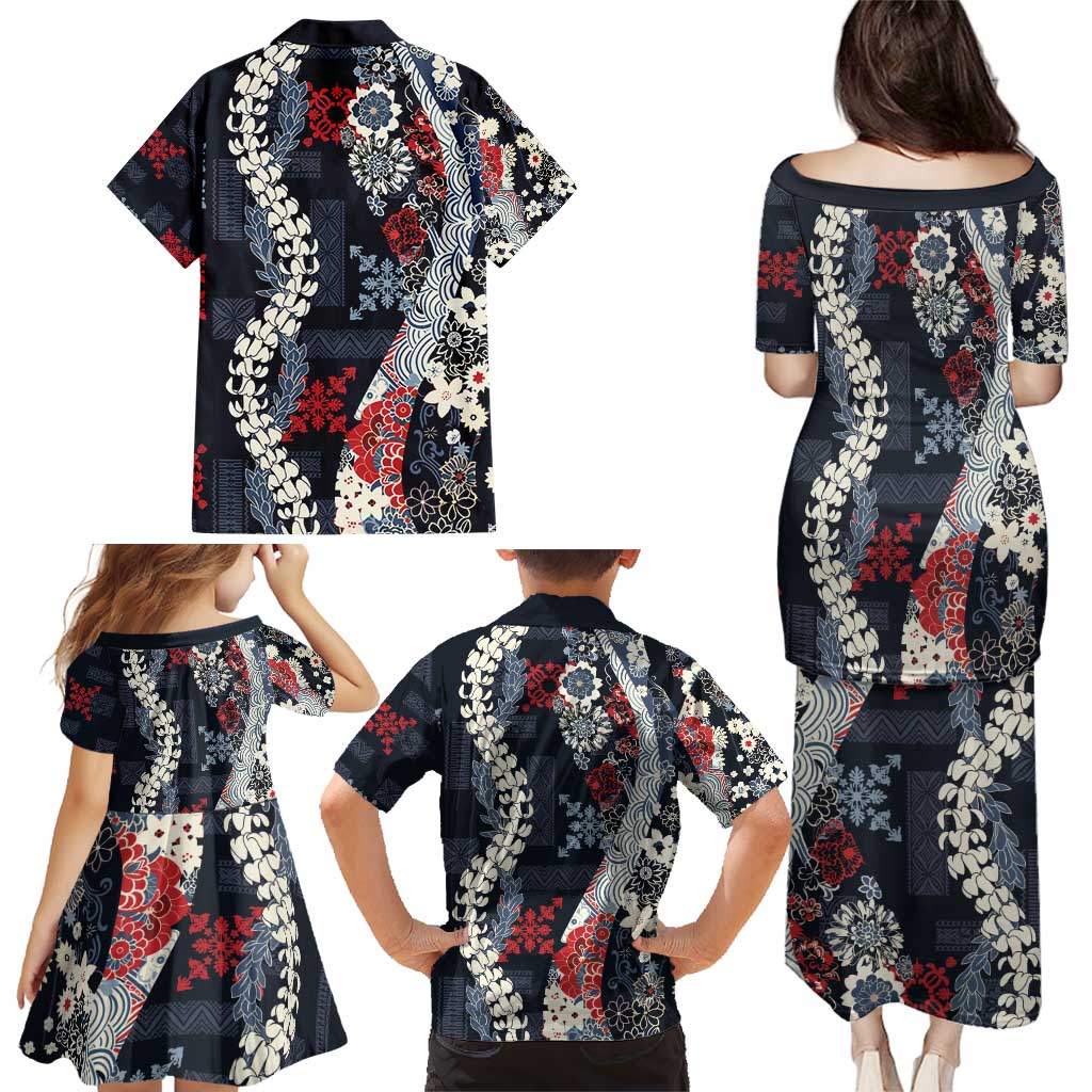 Hawaii Puakenikeni and Maile Lei Family Matching Puletasi and Hawaiian Shirt Navy Blue Japanese Wave Style LT9 - Polynesian Pride