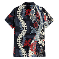 Hawaii Puakenikeni and Maile Lei Family Matching Puletasi and Hawaiian Shirt Navy Blue Japanese Wave Style LT9 - Polynesian Pride