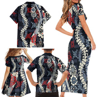 Hawaii Puakenikeni and Maile Lei Family Matching Short Sleeve Bodycon Dress and Hawaiian Shirt Navy Blue Japanese Wave Style LT9 - Polynesian Pride