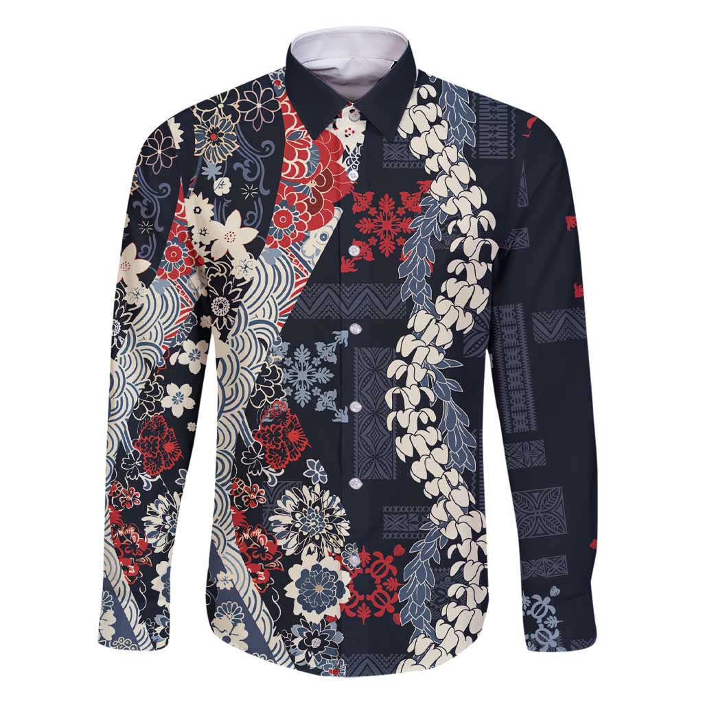 Hawaii Puakenikeni and Maile Lei Family Matching Short Sleeve Bodycon Dress and Hawaiian Shirt Navy Blue Japanese Wave Style LT9 Dad's Shirt - Long Sleeve Navy Blue - Polynesian Pride