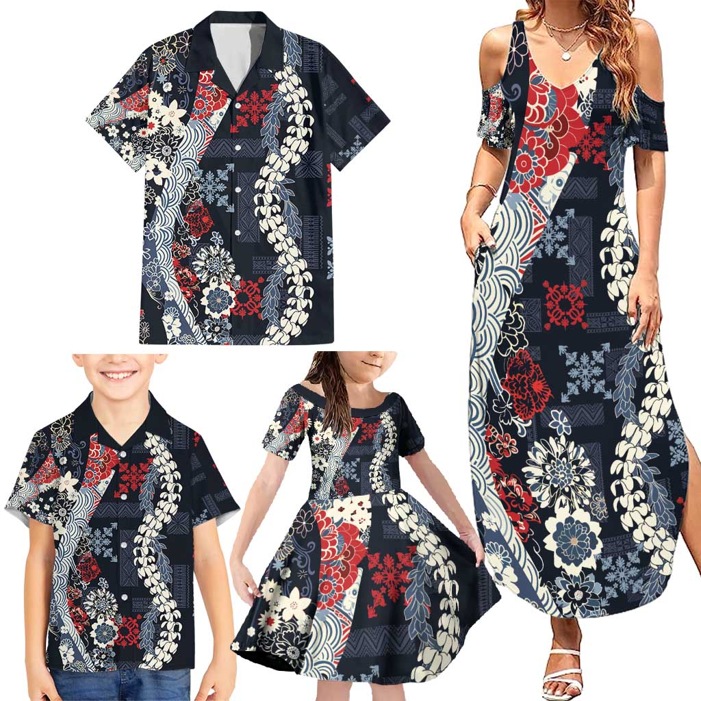 Hawaii Puakenikeni and Maile Lei Family Matching Summer Maxi Dress and Hawaiian Shirt Navy Blue Japanese Wave Style LT9 - Polynesian Pride