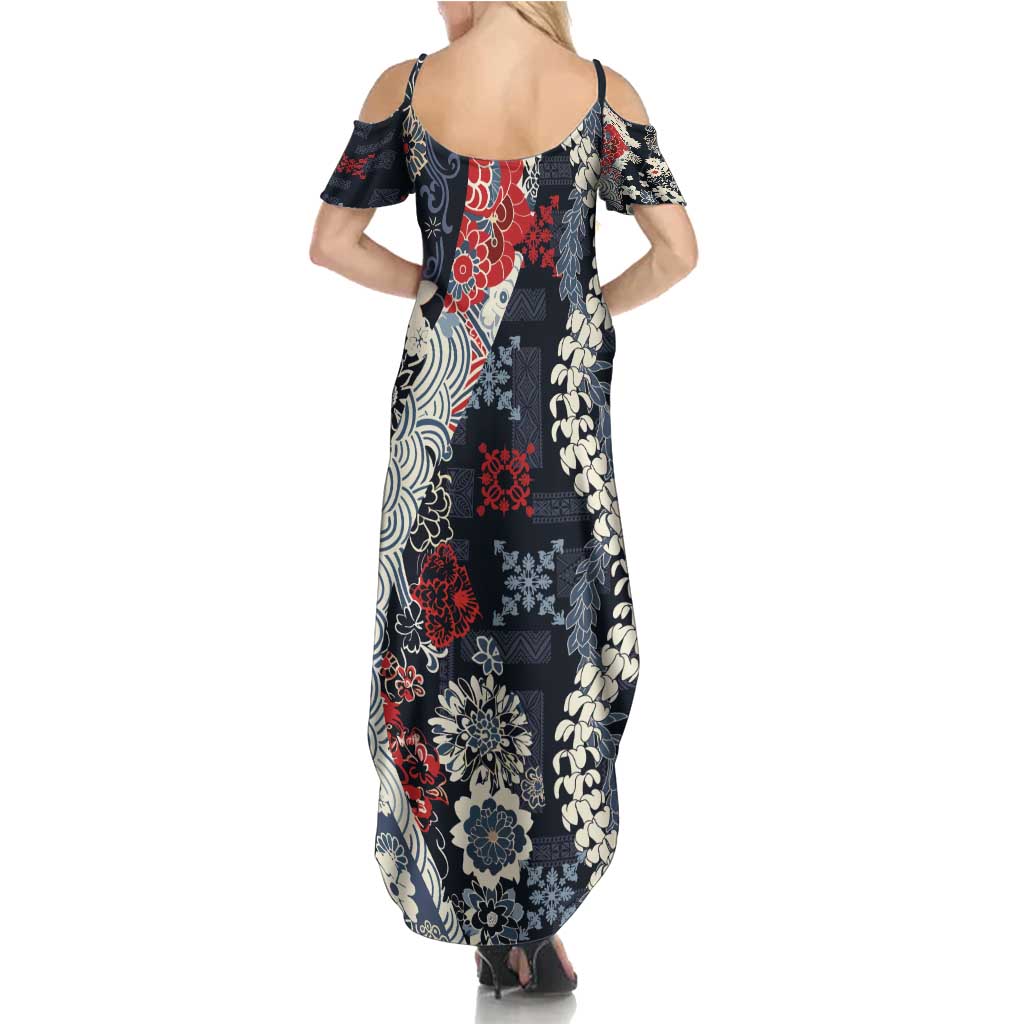 Hawaii Puakenikeni and Maile Lei Family Matching Summer Maxi Dress and Hawaiian Shirt Navy Blue Japanese Wave Style LT9 - Polynesian Pride