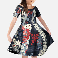 Hawaii Puakenikeni and Maile Lei Family Matching Tank Maxi Dress and Hawaiian Shirt Navy Blue Japanese Wave Style LT9 Daughter's Dress Navy Blue - Polynesian Pride