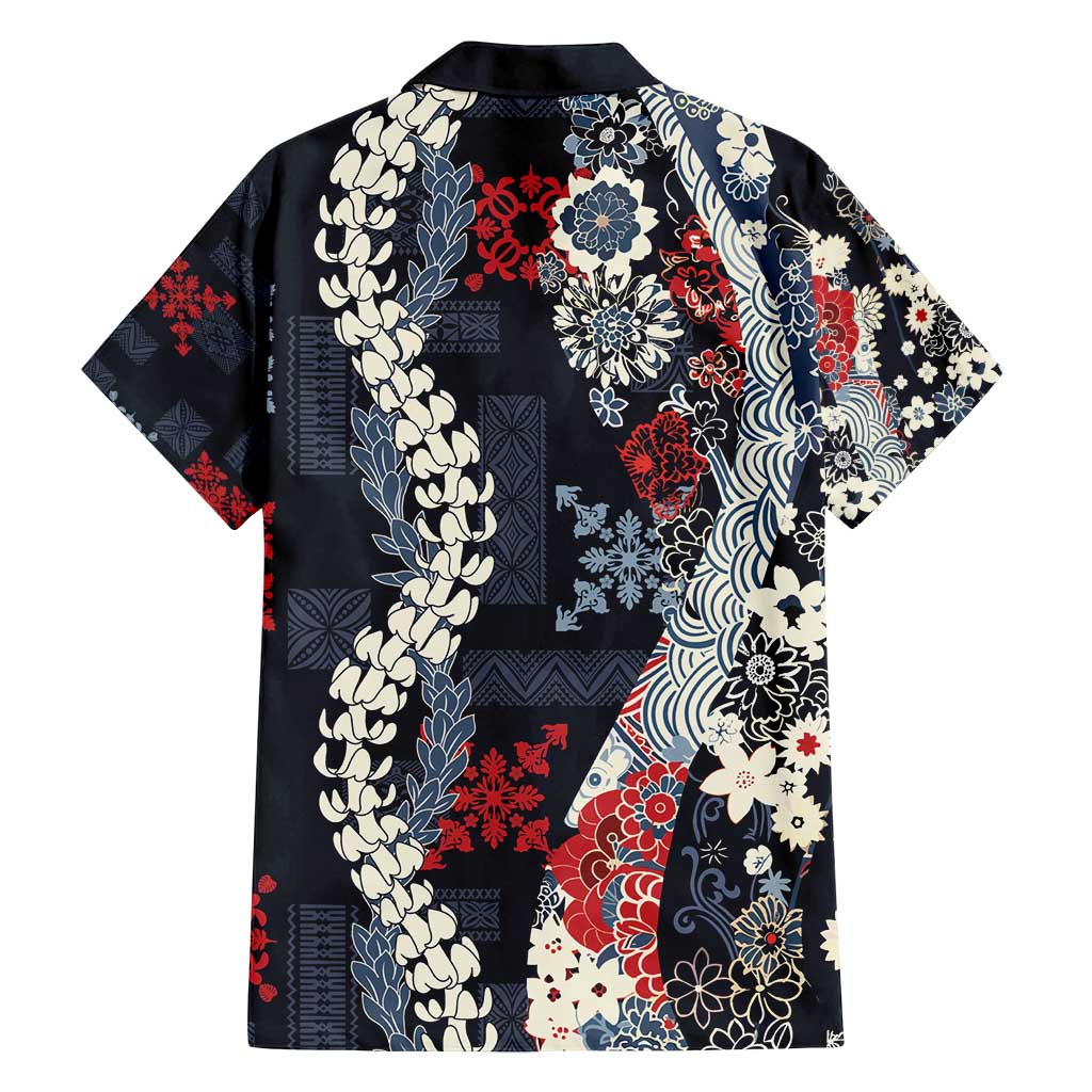 Hawaii Puakenikeni and Maile Lei Family Matching Tank Maxi Dress and Hawaiian Shirt Navy Blue Japanese Wave Style LT9 - Polynesian Pride