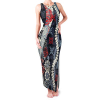 Hawaii Puakenikeni and Maile Lei Family Matching Tank Maxi Dress and Hawaiian Shirt Navy Blue Japanese Wave Style LT9 Mom's Dress Navy Blue - Polynesian Pride