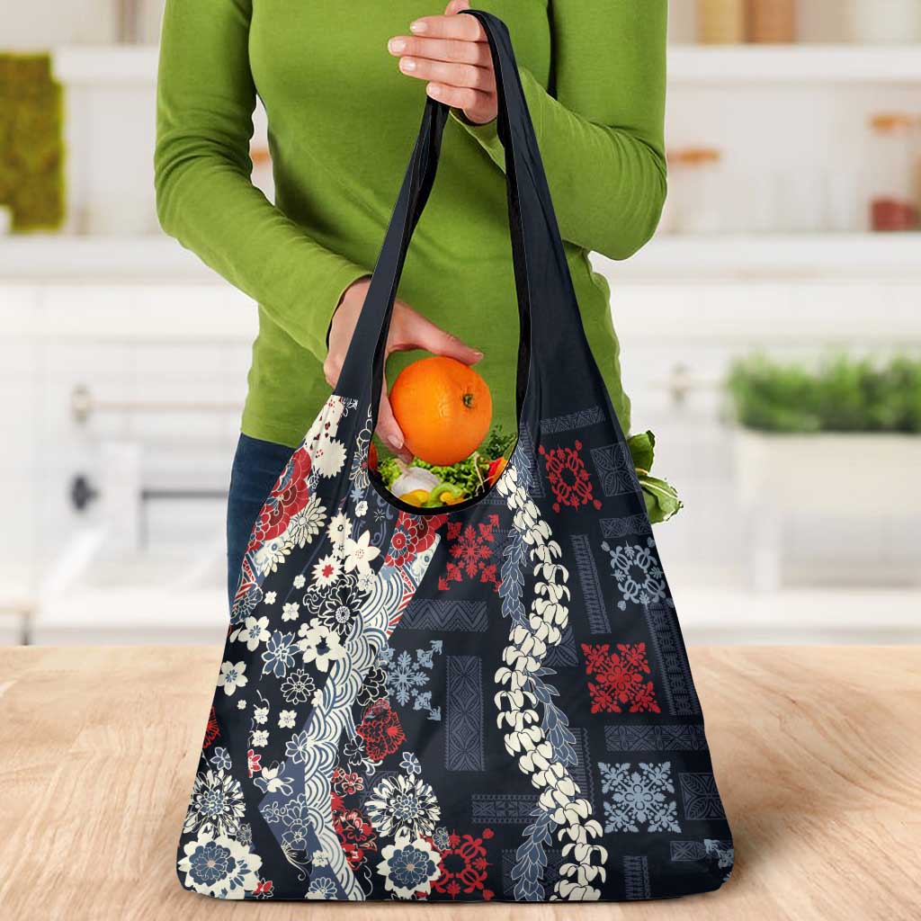 Hawaii Puakenikeni and Maile Lei Grocery Bag Navy Blue Japanese Wave Style - Polynesian Pride
