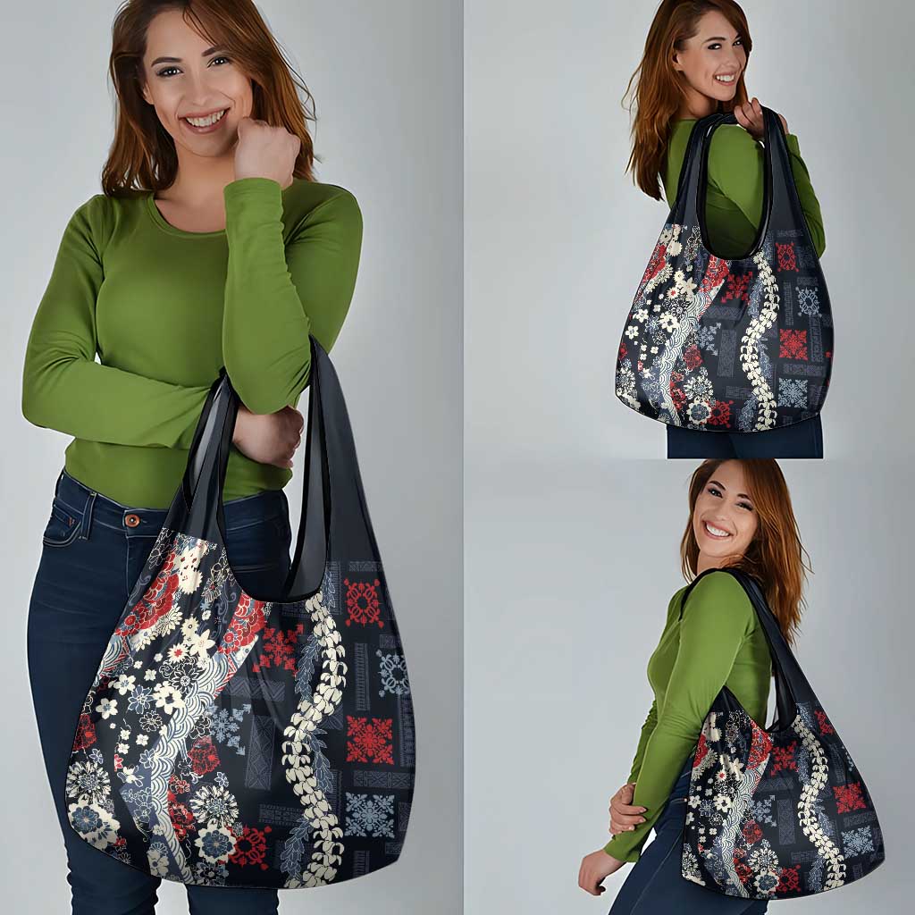 Hawaii Puakenikeni and Maile Lei Grocery Bag Navy Blue Japanese Wave Style - Polynesian Pride