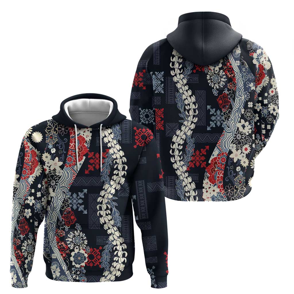 Hawaii Puakenikeni and Maile Lei Hoodie Navy Blue Japanese Wave Style - Polynesian Pride