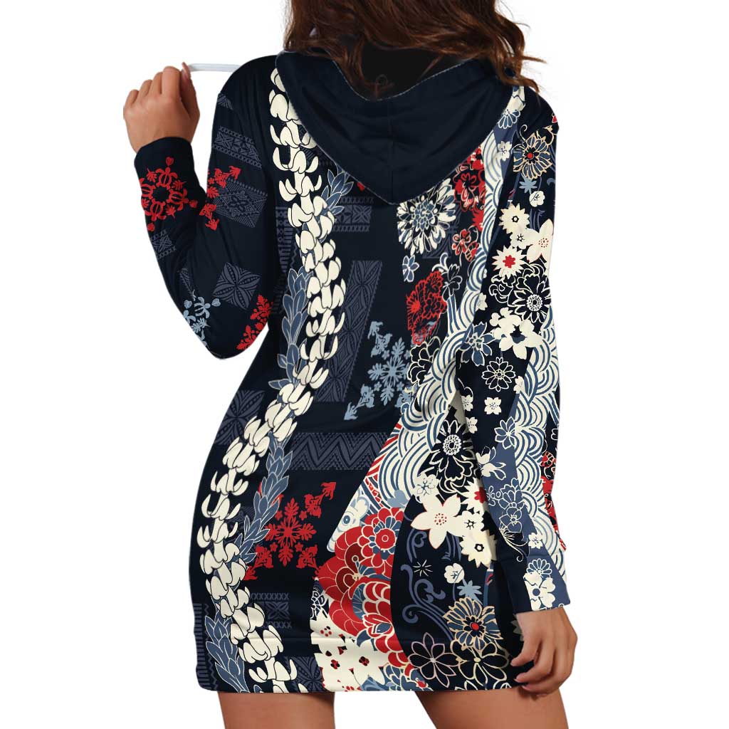 Hawaii Puakenikeni and Maile Lei Hoodie Dress Navy Blue Japanese Wave Style - Polynesian Pride