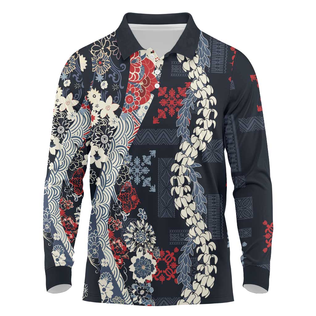 Hawaii Puakenikeni and Maile Lei Long Sleeve Polo Shirt Navy Blue Japanese Wave Style - Polynesian Pride