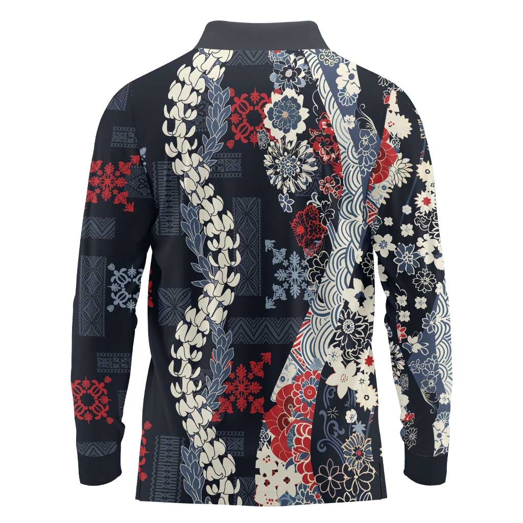 Hawaii Puakenikeni and Maile Lei Long Sleeve Polo Shirt Navy Blue Japanese Wave Style - Polynesian Pride