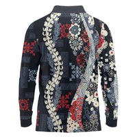Hawaii Puakenikeni and Maile Lei Long Sleeve Polo Shirt Navy Blue Japanese Wave Style - Polynesian Pride