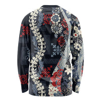 Hawaii Puakenikeni and Maile Lei Long Sleeve Shirt Navy Blue Japanese Wave Style - Polynesian Pride