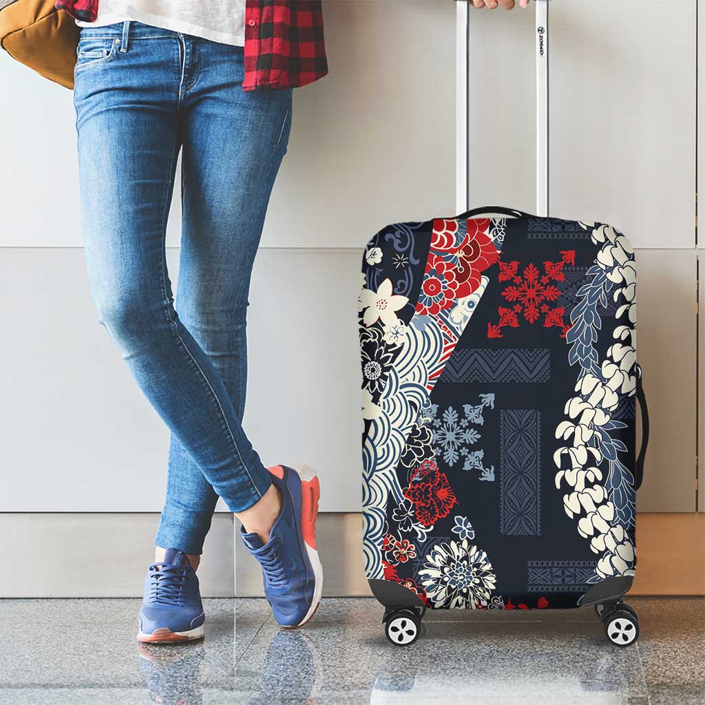 Hawaii Puakenikeni and Maile Lei Luggage Cover Navy Blue Japanese Wave Style - Polynesian Pride