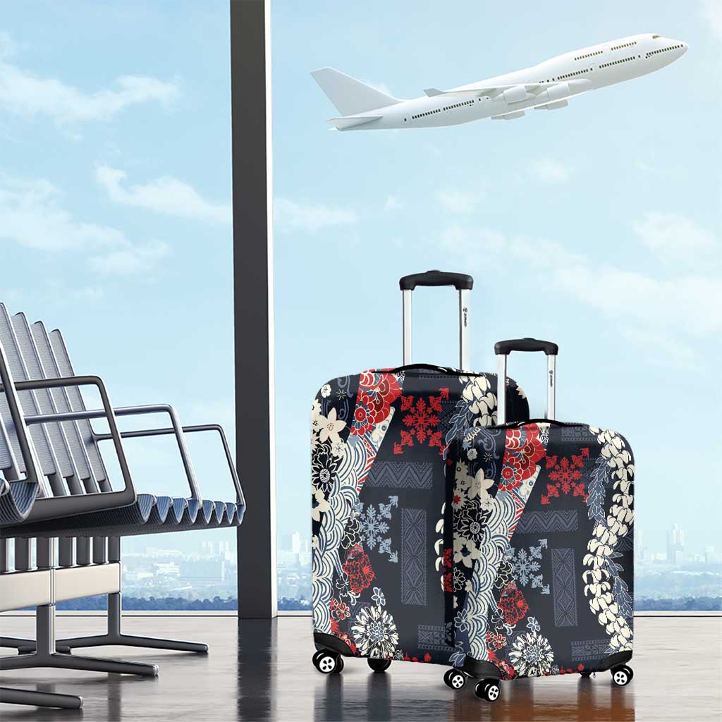 Hawaii Puakenikeni and Maile Lei Luggage Cover Navy Blue Japanese Wave Style - Polynesian Pride