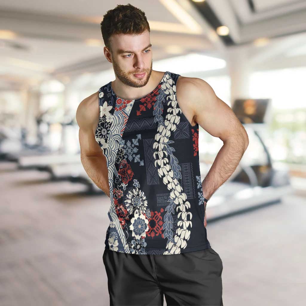 Hawaii Puakenikeni and Maile Lei Men Tank Top Navy Blue Japanese Wave Style - Polynesian Pride