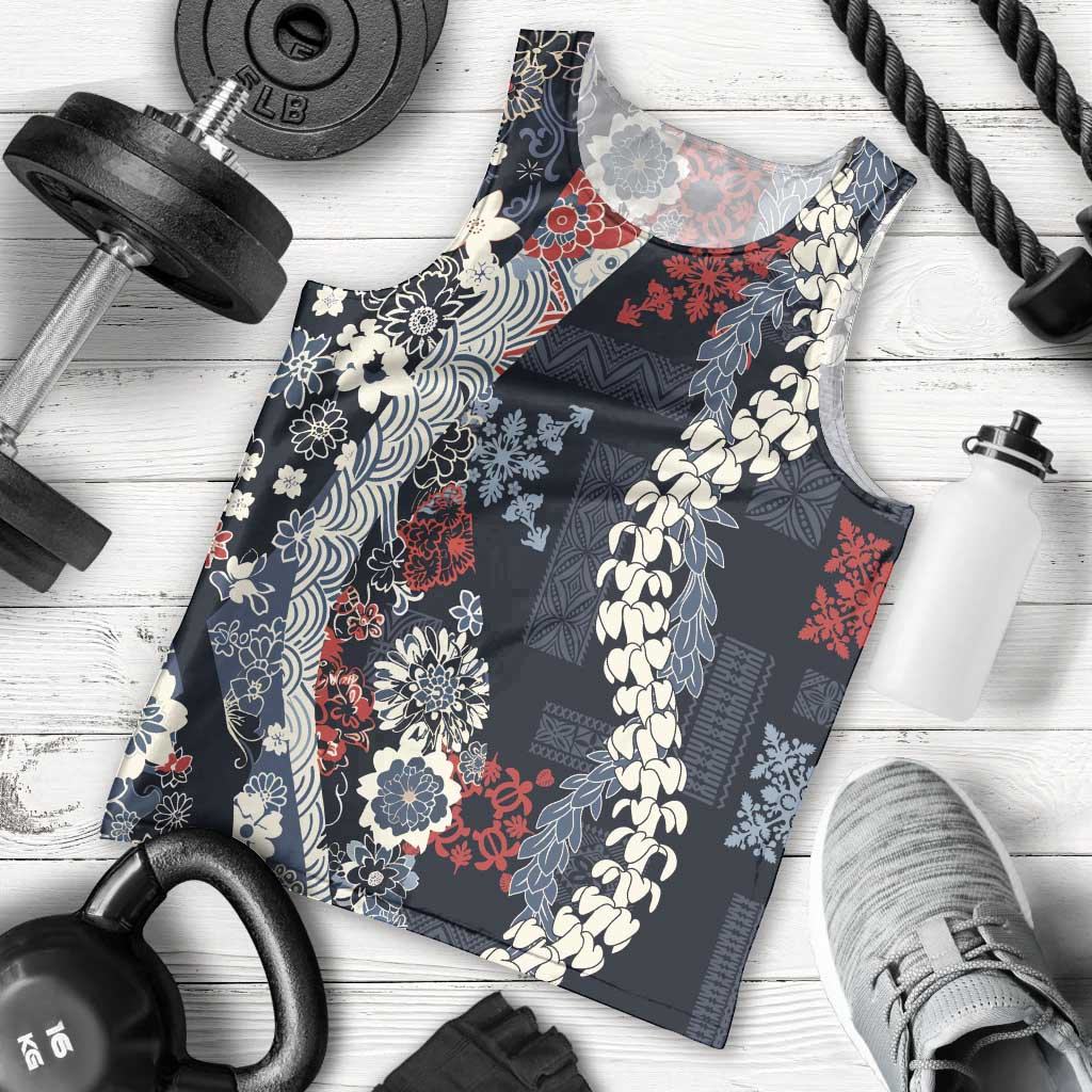 Hawaii Puakenikeni and Maile Lei Men Tank Top Navy Blue Japanese Wave Style - Polynesian Pride
