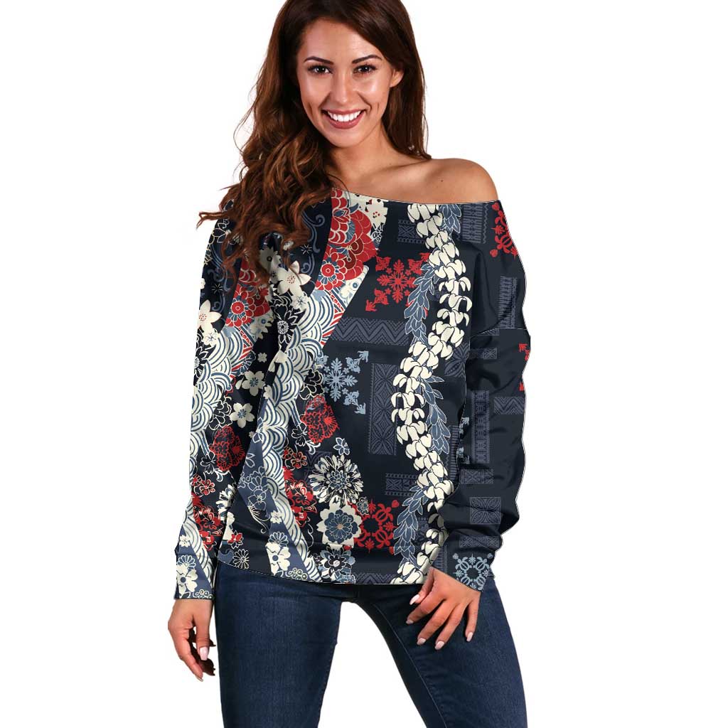 Hawaii Puakenikeni and Maile Lei Off Shoulder Sweater Navy Blue Japanese Wave Style LT9 Women Navy Blue - Polynesian Pride