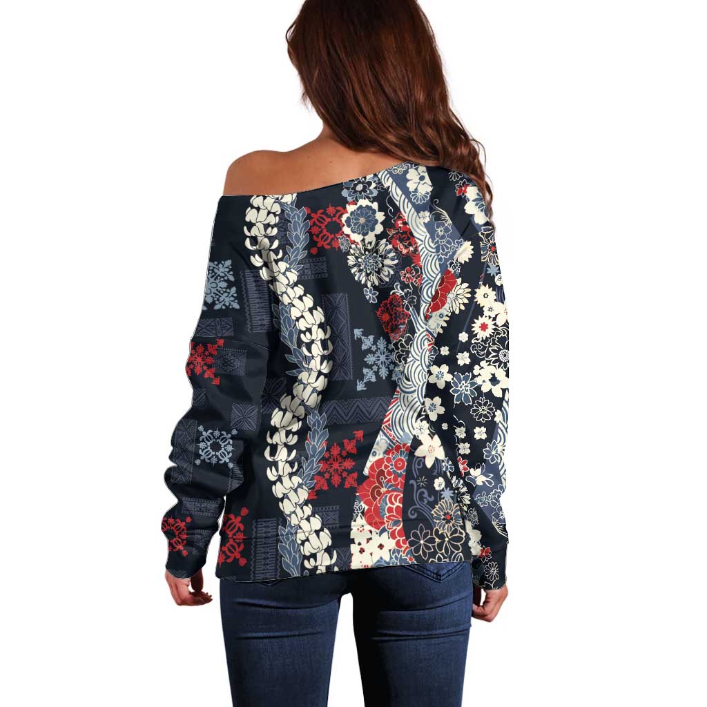 Hawaii Puakenikeni and Maile Lei Off Shoulder Sweater Navy Blue Japanese Wave Style LT9 - Polynesian Pride