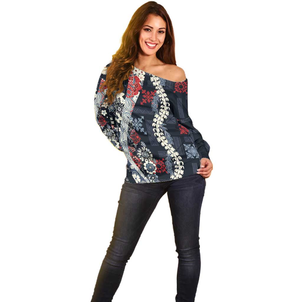 Hawaii Puakenikeni and Maile Lei Off Shoulder Sweater Navy Blue Japanese Wave Style LT9 - Polynesian Pride