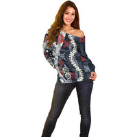 Hawaii Puakenikeni and Maile Lei Off Shoulder Sweater Navy Blue Japanese Wave Style LT9 - Polynesian Pride