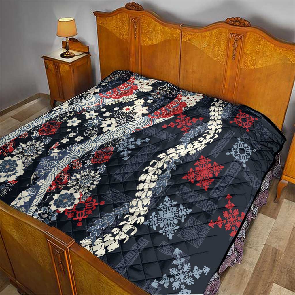 Hawaii Puakenikeni and Maile Lei Quilt Navy Blue Japanese Wave Style - Polynesian Pride