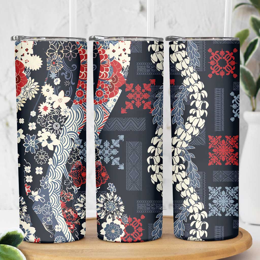 Hawaii Puakenikeni and Maile Lei Skinny Tumbler Navy Blue Japanese Wave Style - Polynesian Pride