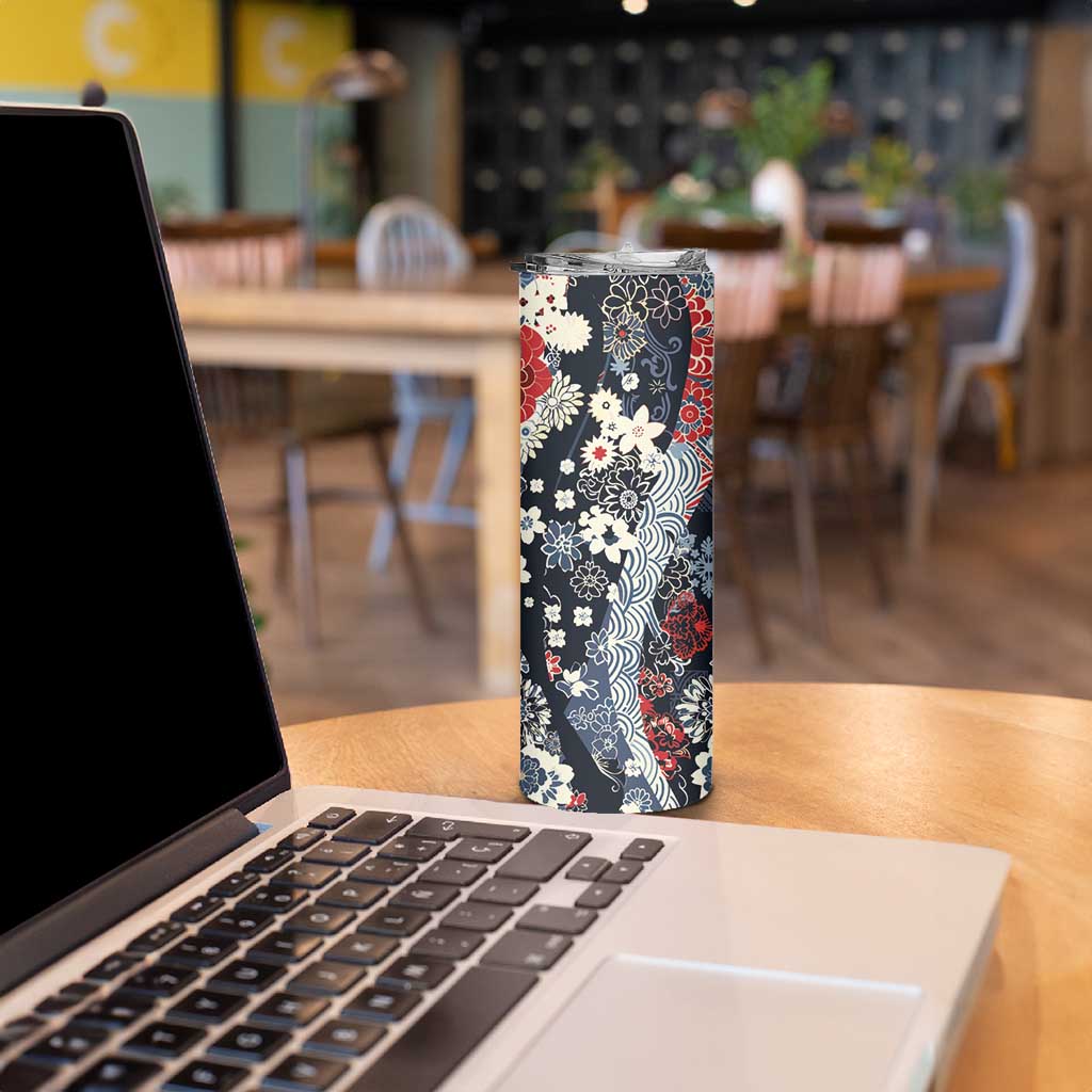 Hawaii Puakenikeni and Maile Lei Skinny Tumbler Navy Blue Japanese Wave Style - Polynesian Pride