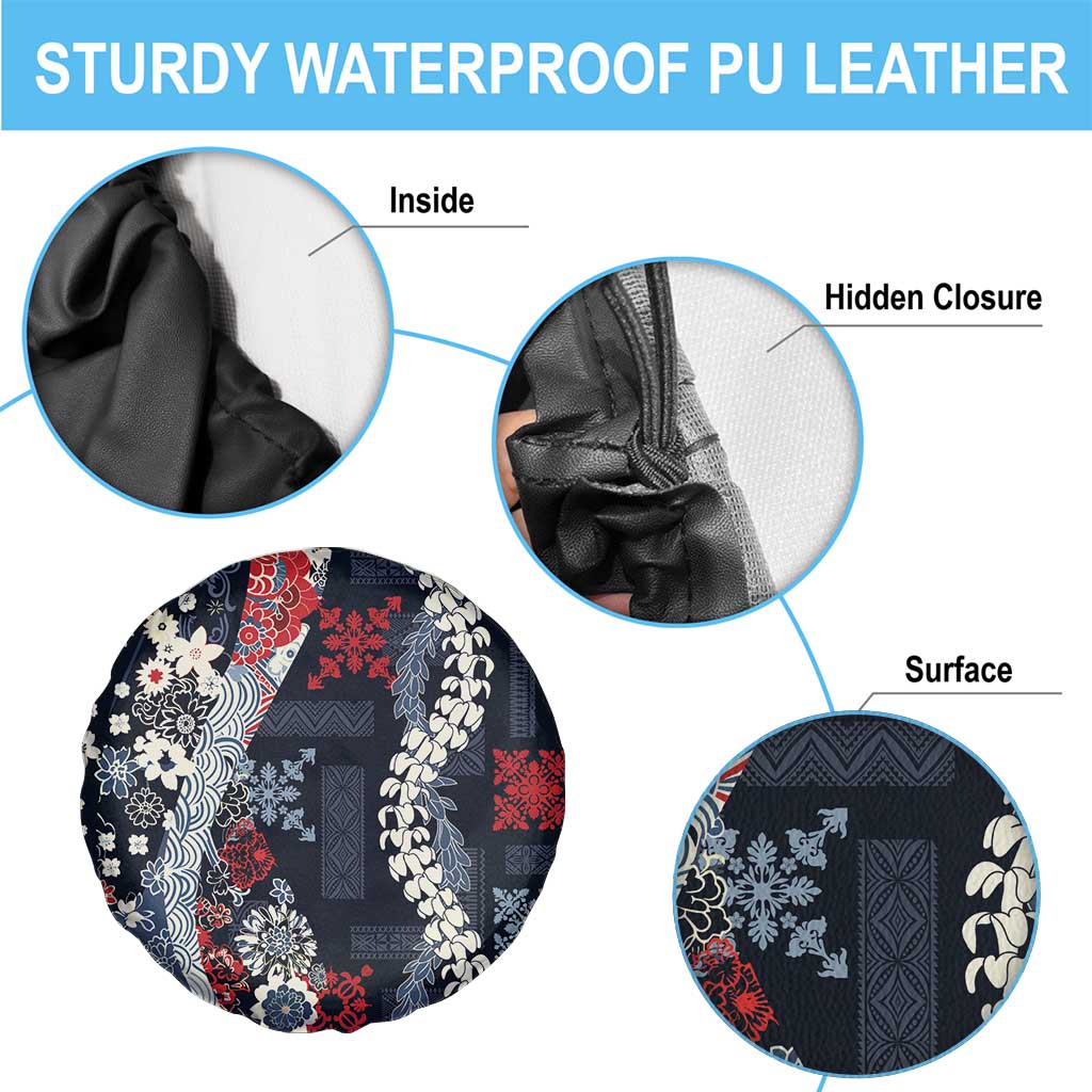 Hawaii Puakenikeni and Maile Lei Spare Tire Cover Navy Blue Japanese Wave Style - Polynesian Pride