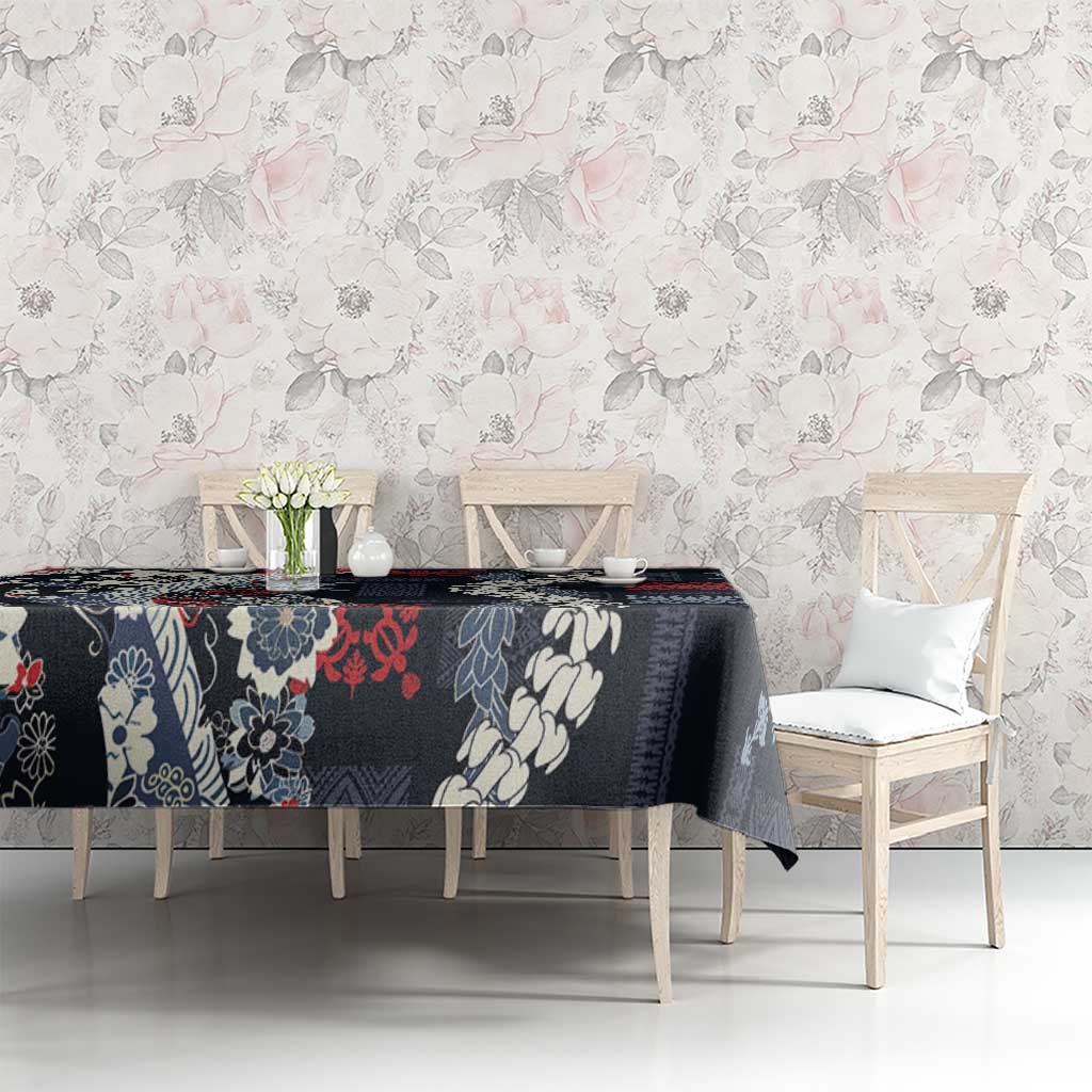Hawaii Puakenikeni and Maile Lei Tablecloth Navy Blue Japanese Wave Style - Polynesian Pride