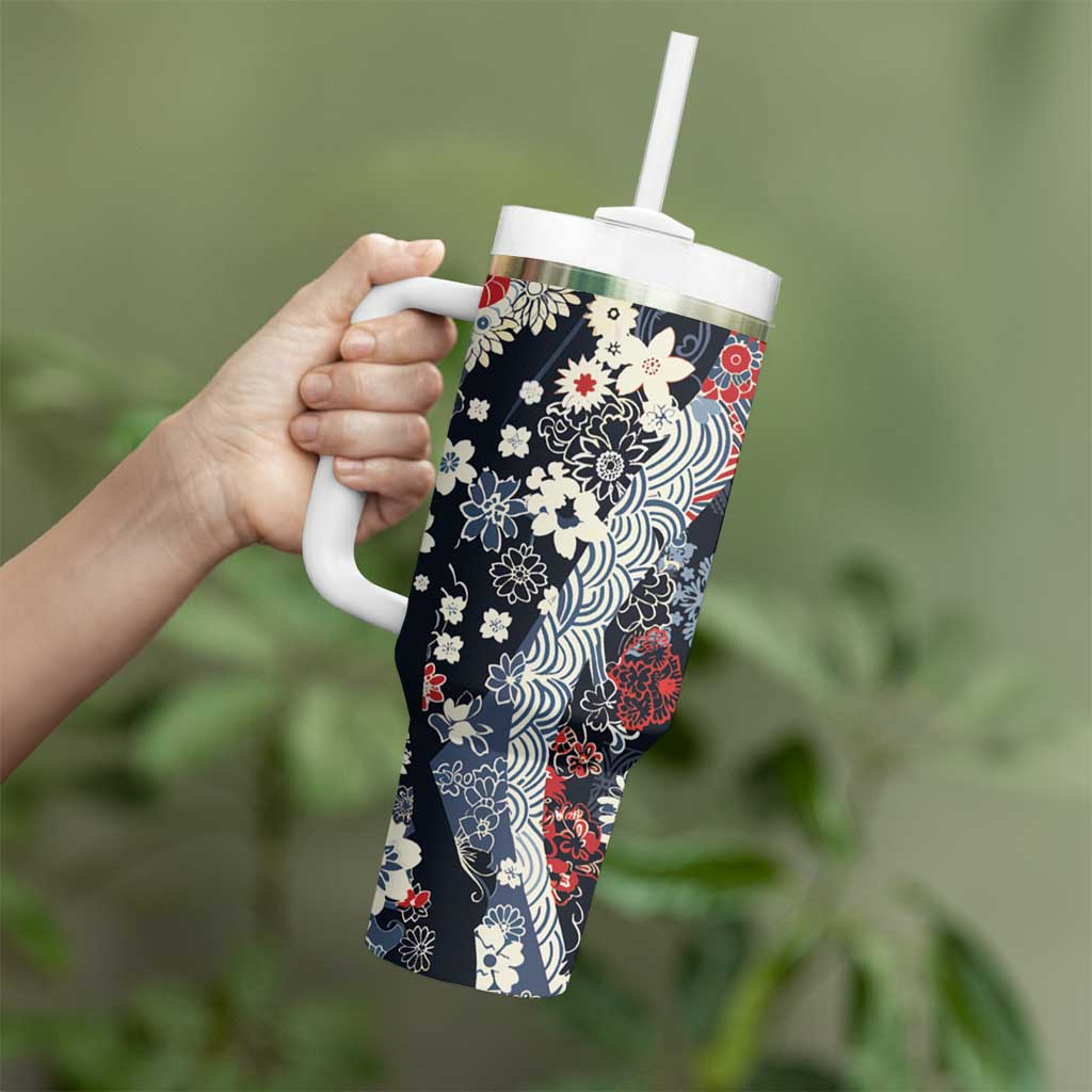 Hawaii Puakenikeni and Maile Lei Tumbler With Handle Navy Blue Japanese Wave Style - Polynesian Pride