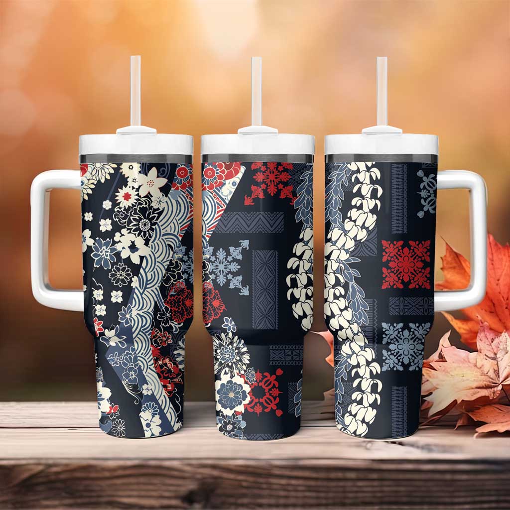 Hawaii Puakenikeni and Maile Lei Tumbler With Handle Navy Blue Japanese Wave Style - Polynesian Pride