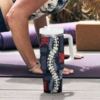 Hawaii Puakenikeni and Maile Lei Tumbler With Handle Navy Blue Japanese Wave Style - Polynesian Pride