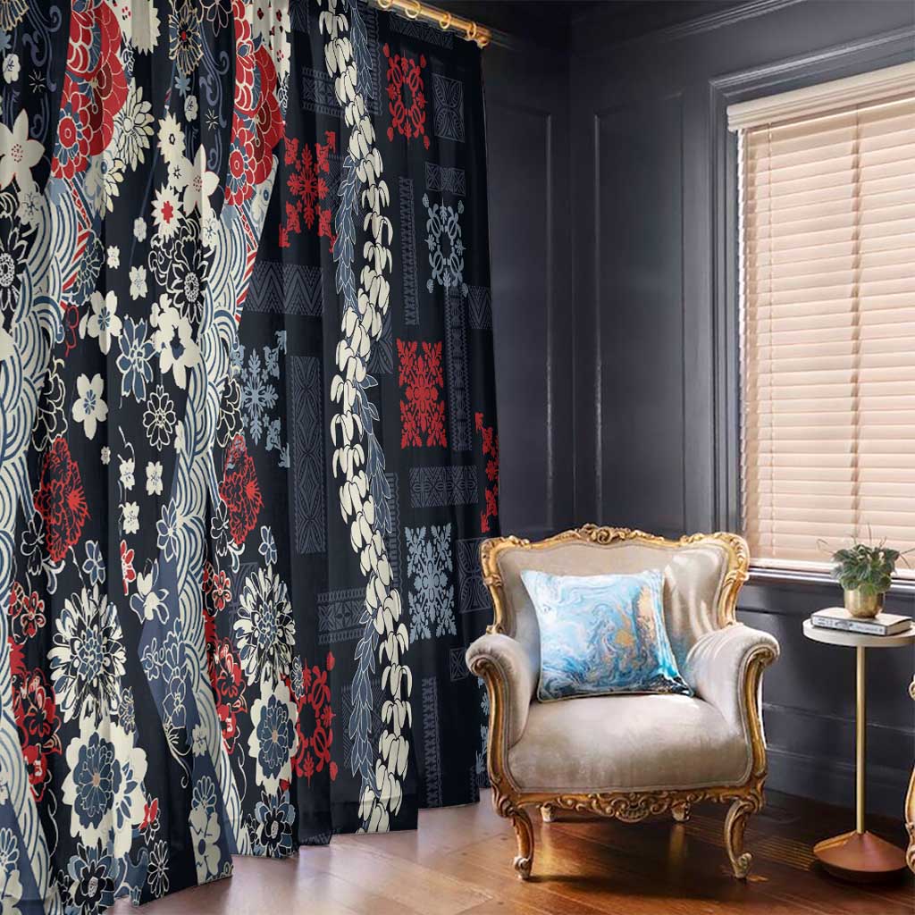 Hawaii Puakenikeni and Maile Lei Window Curtain Navy Blue Japanese Wave Style - Polynesian Pride