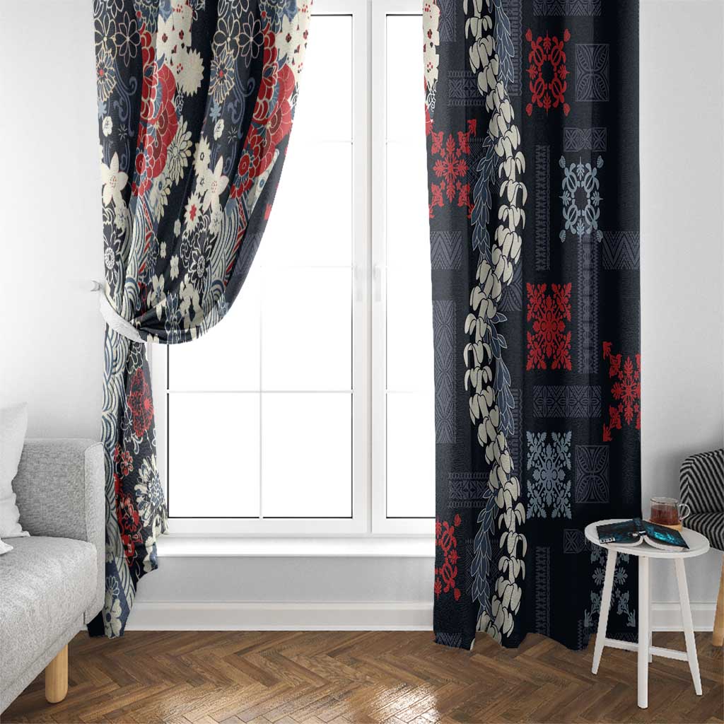 Hawaii Puakenikeni and Maile Lei Window Curtain Navy Blue Japanese Wave Style - Polynesian Pride