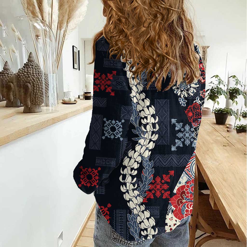 Hawaii Puakenikeni and Maile Lei Women Casual Shirt Navy Blue Japanese Wave Style - Polynesian Pride