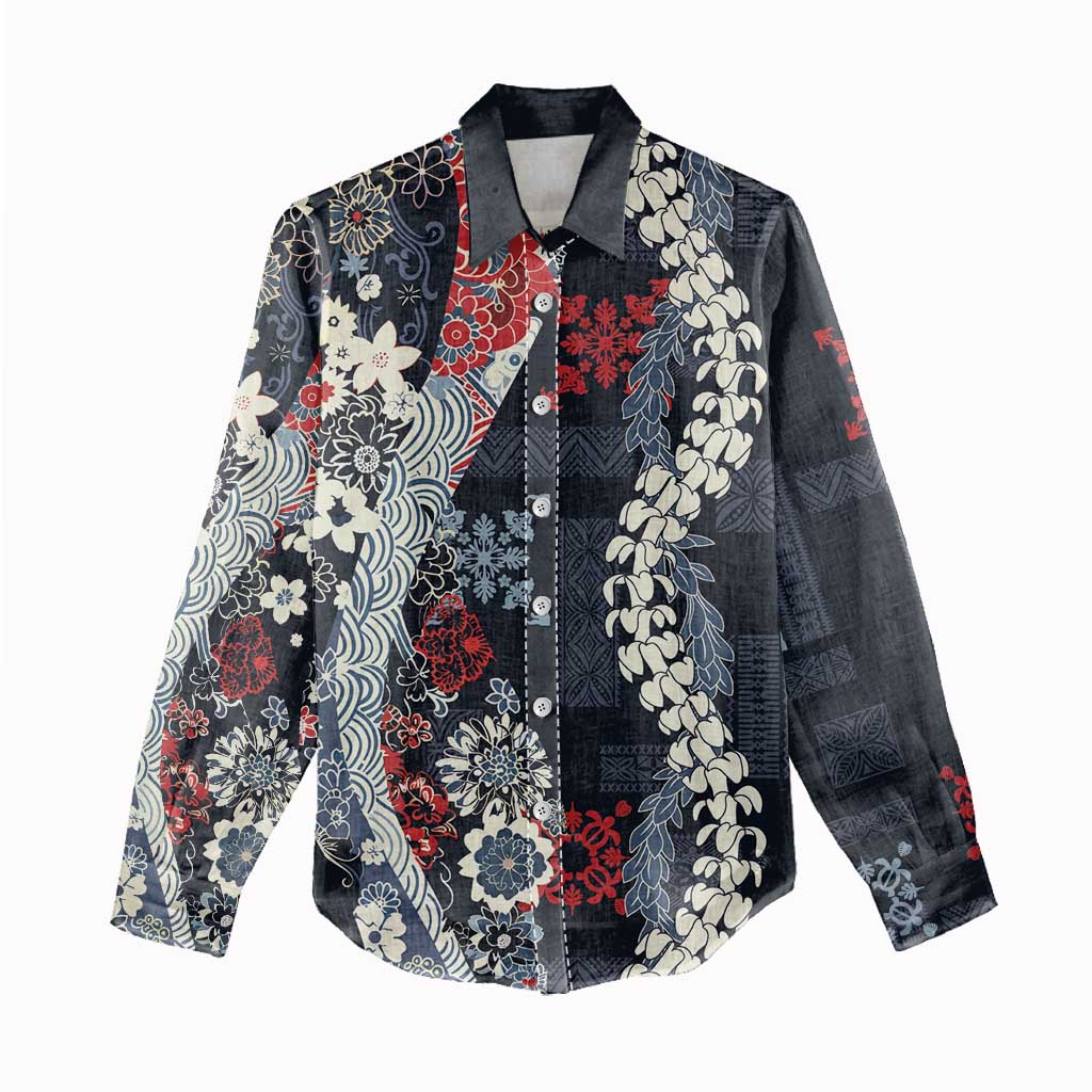 Hawaii Puakenikeni and Maile Lei Women Casual Shirt Navy Blue Japanese Wave Style - Polynesian Pride