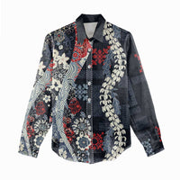 Hawaii Puakenikeni and Maile Lei Women Casual Shirt Navy Blue Japanese Wave Style - Polynesian Pride