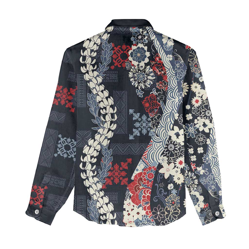 Hawaii Puakenikeni and Maile Lei Women Casual Shirt Navy Blue Japanese Wave Style - Polynesian Pride