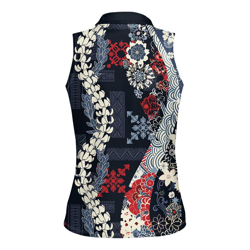 Hawaii Puakenikeni and Maile Lei Women Sleeveless Polo Shirt Navy Blue Japanese Wave Style - Polynesian Pride